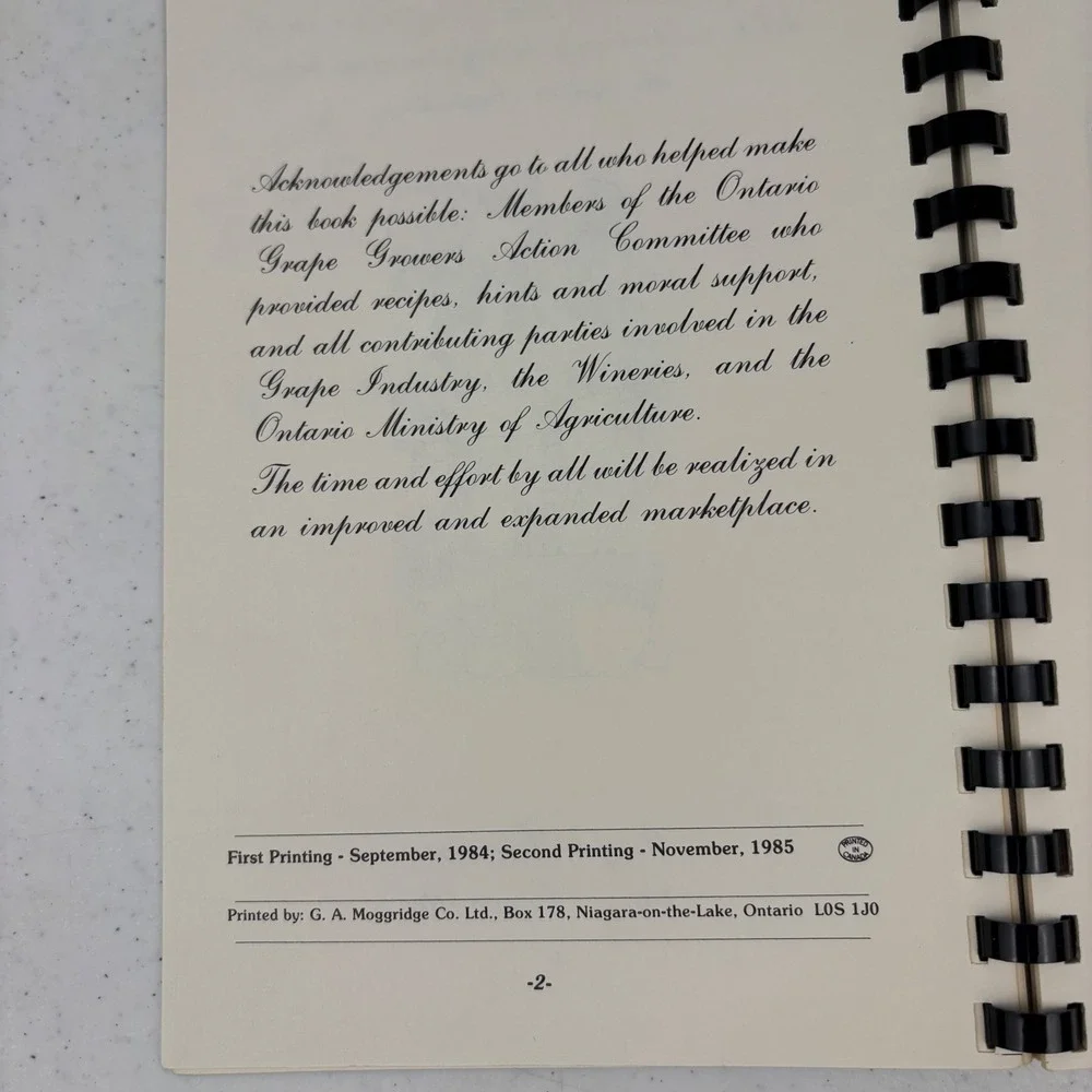 Experience‎ a Taste of Wine Grape & Wine Recipes Cookbook Ontario 1985 Vintage